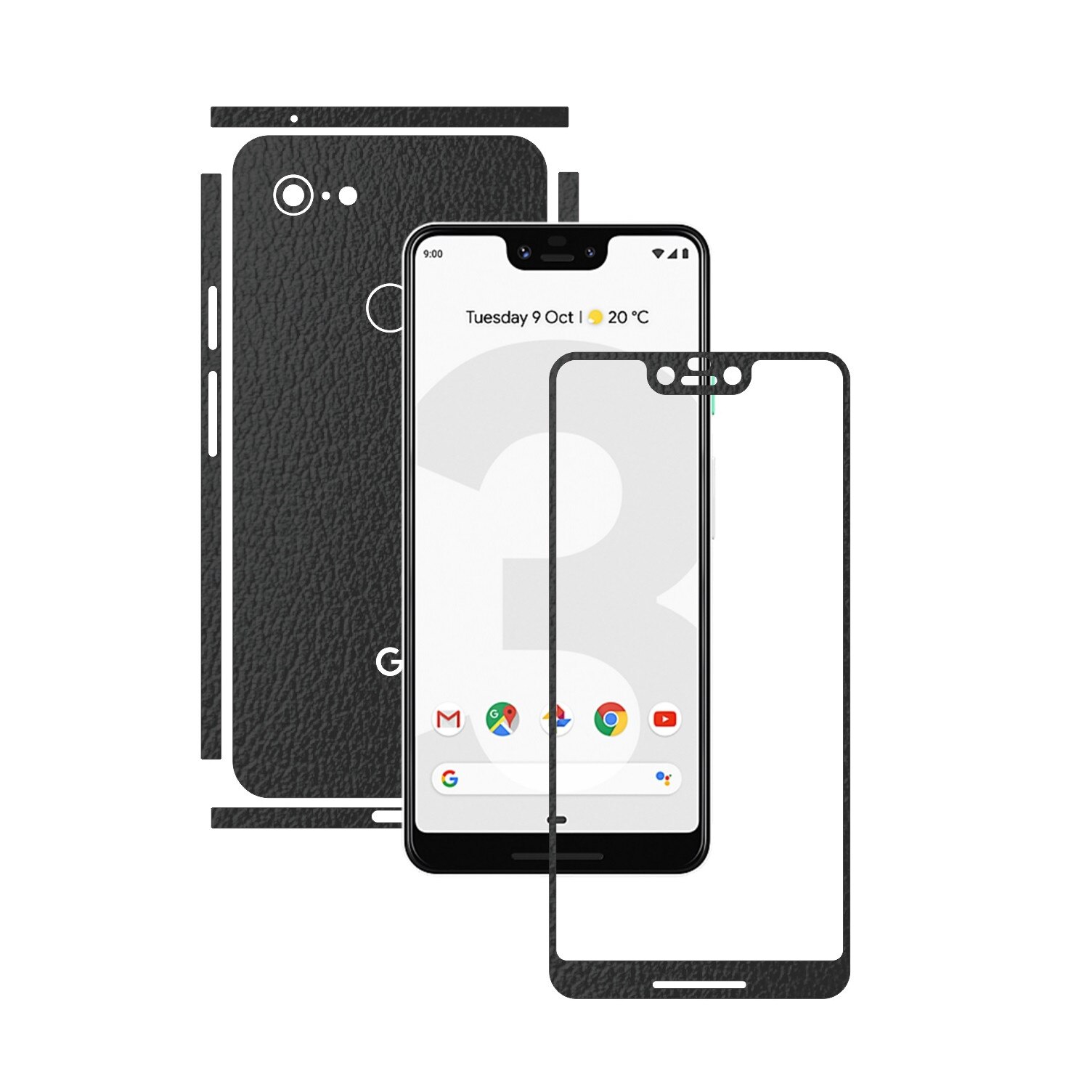 Folie Protectie Carbon Skinz pentru Google Pixel 3 XL - Piele Neagra Split Cut, Skin Adeziv Full Body Cover pentru Rama Ecran, Carcasa Spate si Laterale
