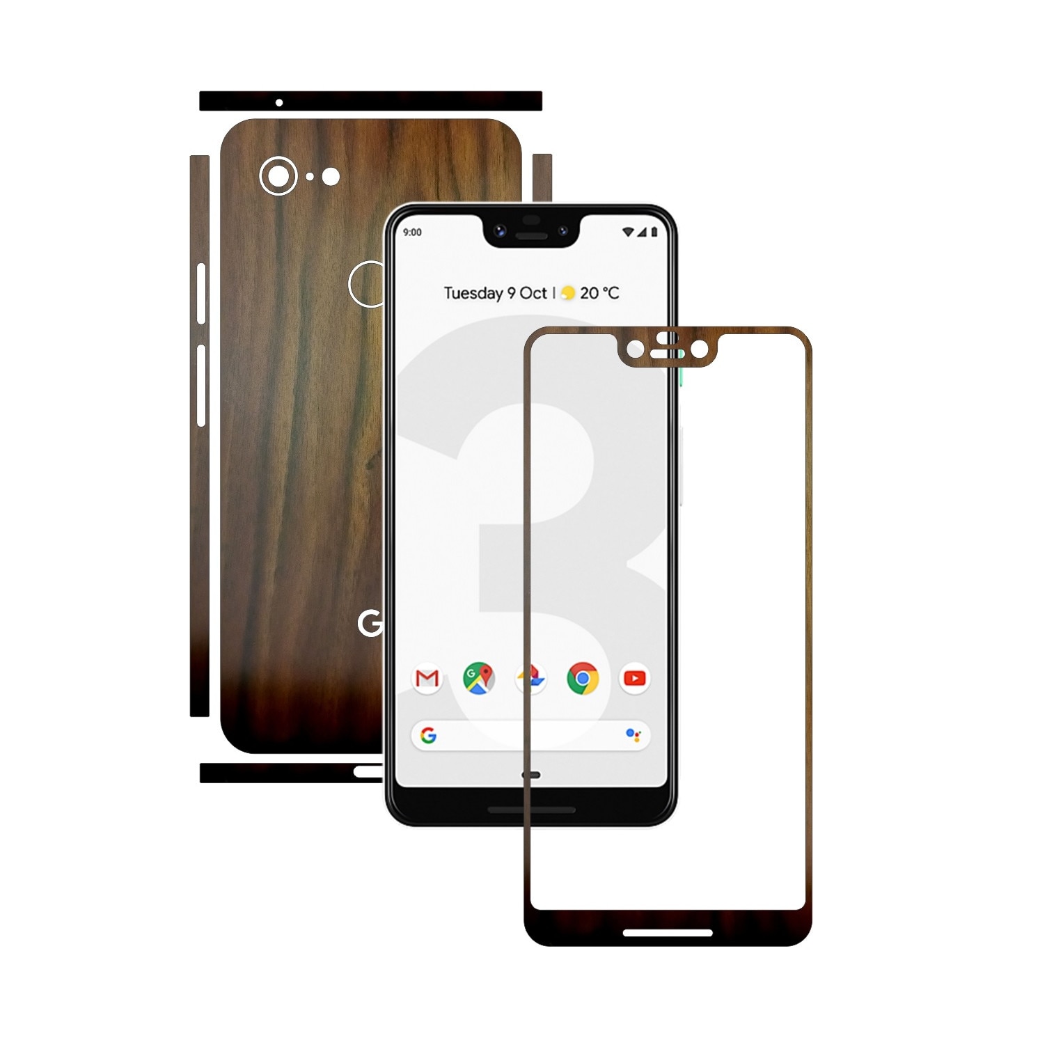 Folie Protectie Carbon Skinz pentru Google Pixel 3 XL - Lemn Nuc Split Cut, Skin Adeziv Full Body Cover pentru Rama Ecran, Carcasa Spate si Laterale