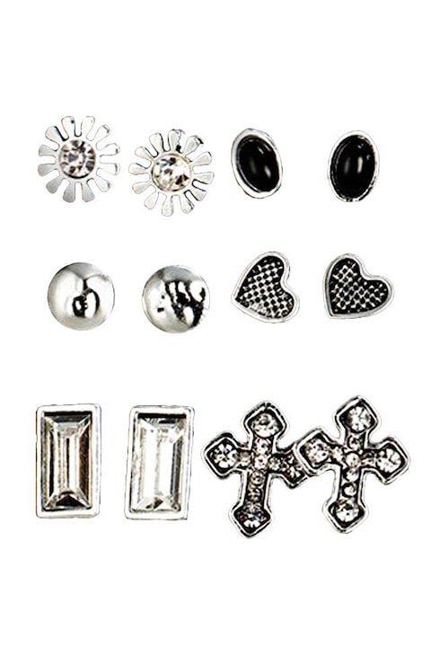 Set 6 perechi de cercei vintage, inimioare, cruci, flori si cristale, Auriu