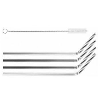 Paie reutilizabile curbate, inox, set 4 buc cu perie Paie reutilizabile curbate, inox, set 4 buc cu perie