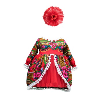 Set doua piese, rochie botez traditionala Marita multicolora si bentita asortata, varsta 9 luni Set doua piese, rochie botez traditionala Marita multicolora si bentita asortata, varsta 9 luni