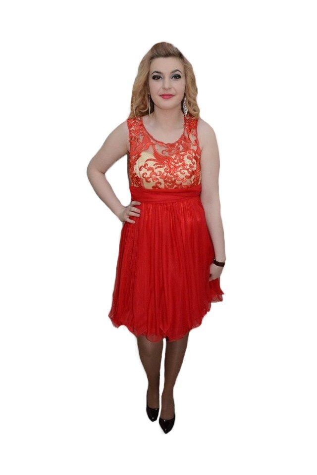 Rochie rafinata cu dantela fashion si voal fin, D&J Exclusive, Rosu