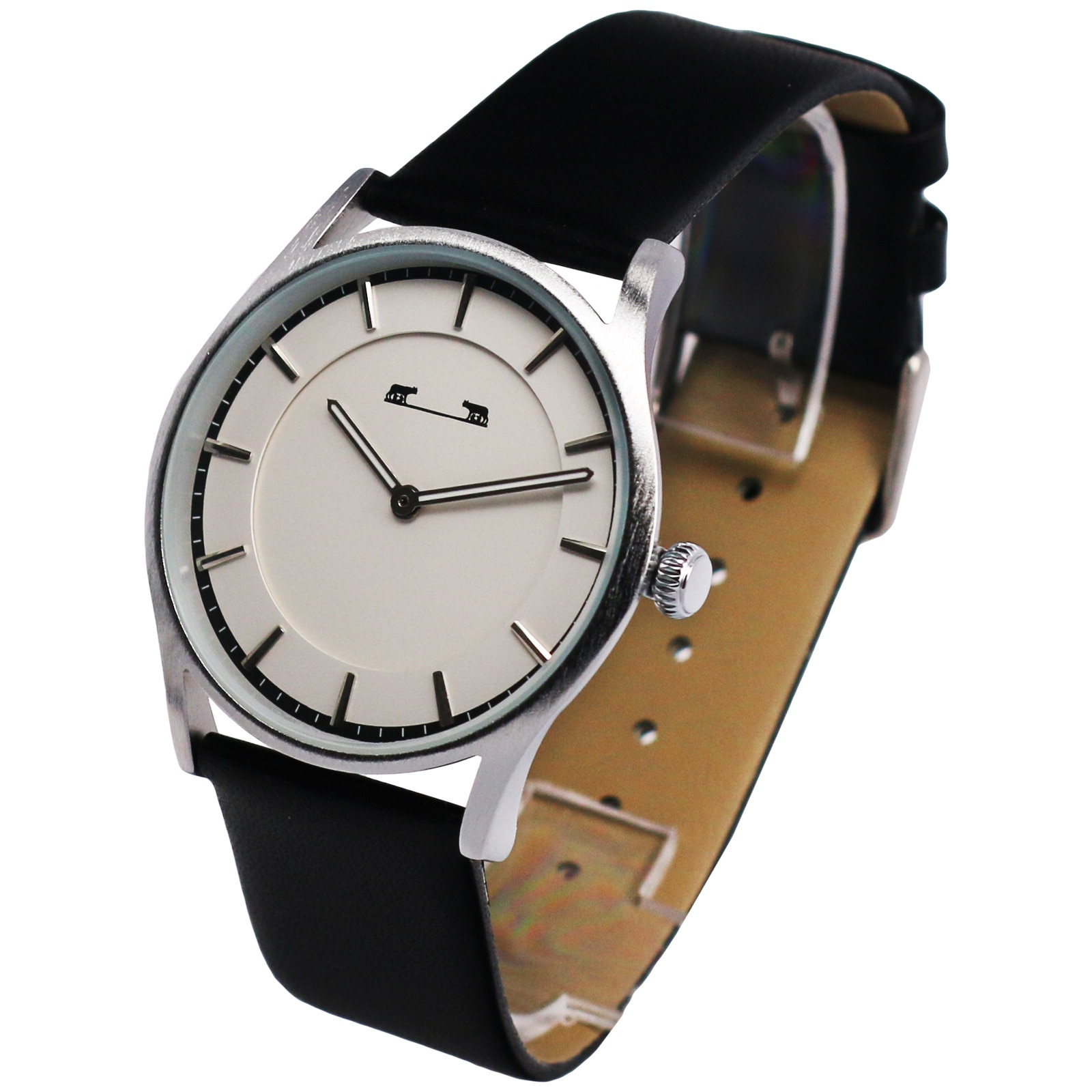 Ceas unisex cu curea piele ecologica neagra, Matteo Ferari, cutie si bratara, culoare argintiu, cadran alb, cu indicatori negru, Otel inoxidabil