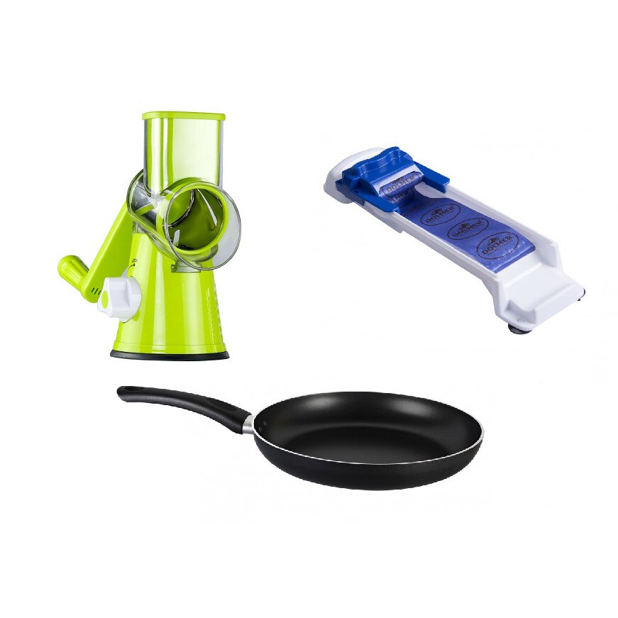Set bucatarie, 3 piese, Razatoare Tabletop Drum cu 3 lame interschimbabile din inox + Tigaie teflon, 24 cm + Aparat profesional de rulat sarmale