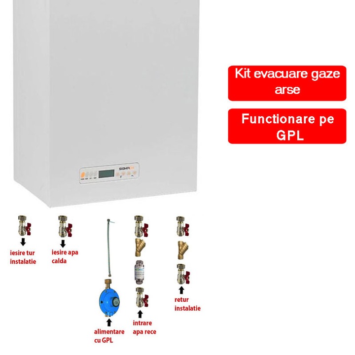 Centrala termica cu functionare pe GPL Motan Sigma 24 kW, conventionala, kit evacuare si pachet de instalare necesare pentru montaj