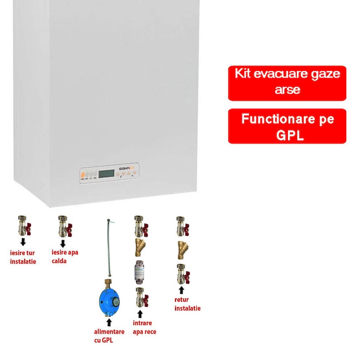 Centrala termica cu functionare pe GPL Motan Sigma 24 kW, conventionala, kit evacuare si pachet de instalare necesare pentru montaj