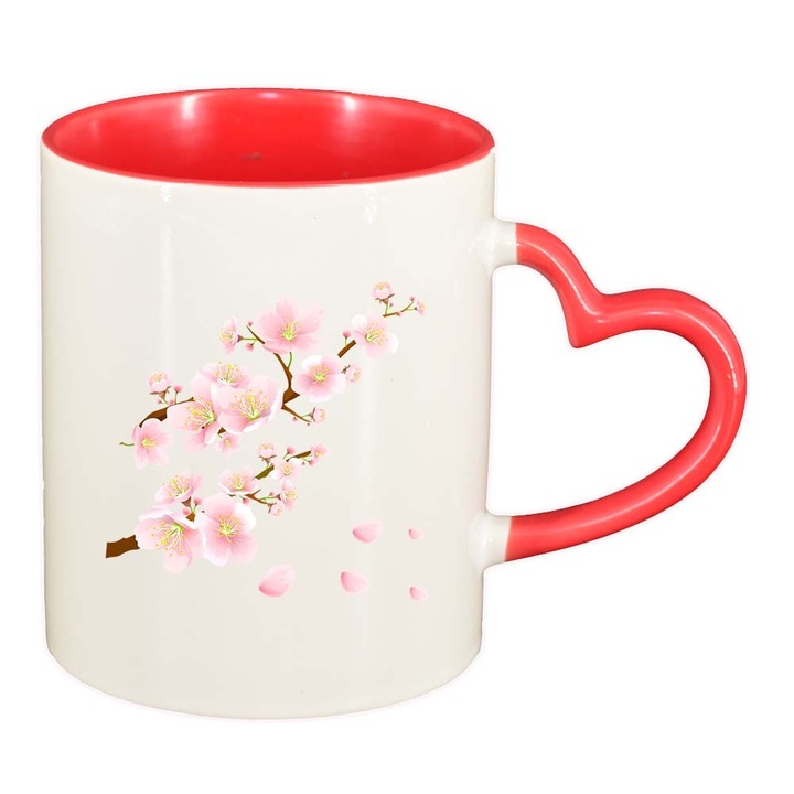 "Flowering Tree" bögre, piros belső, szív fogantyú, 330ml, D466