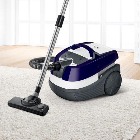 Aspirator cu spalare Bosch BWD41740, 1700 W, 5 L, Filtru Epa, Perie Turbo, tub telescopic din metal, Alb/Mov