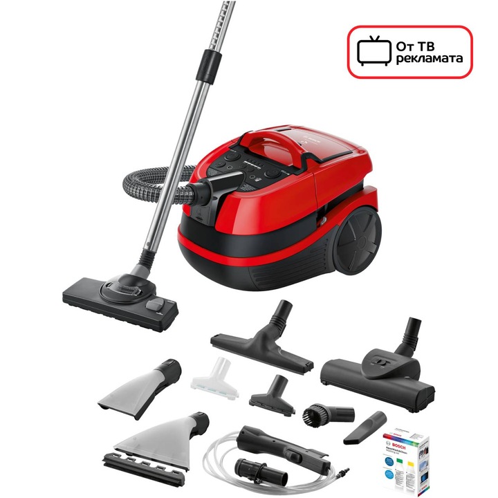 Перяща прахосмукачка Bosch BWD421PET, 2100 W, Аксесоари за домашни любимци, Филтър HEPA, Турбо четка и четка за матраци, регулиране на мощността, Червена/Черна