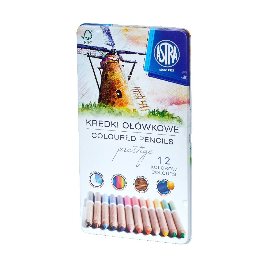 Creioane colorate, 12 culori, rotunde, cutie de metal
