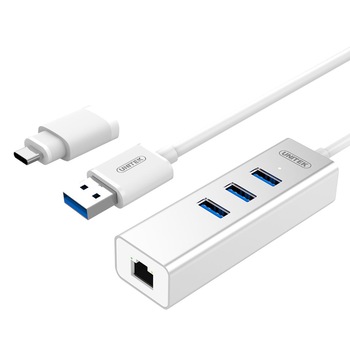 Hub USB Unitek Y-3083B, pasiv, 3x USB 3.0 + USB tip C + RJ45, Plug & Play, Argintiu Hub USB Unitek Y-3083B, pasiv, 3x USB 3.0 + USB tip C + RJ45, Plug & Play, Argintiu