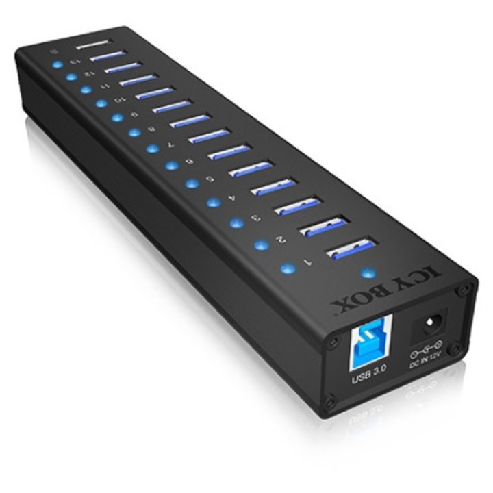 Hub USB Icy Box IB-AC6113, 13x USB 3.0, Активен, Plug & Play, Черен