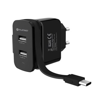 Incarcator de perete Platinet PLCURTC, cu 2 porturi USB 3.4A si cablu tip C, negru Incarcator de perete Platinet PLCURTC, cu 2 porturi USB 3.4A si cablu tip C, negru