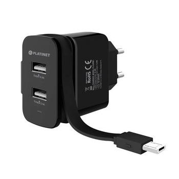 Incarcator de perete Platinet PLCURMC, cu 2 porturi USB 3.4A si cablu microUSB, negru Incarcator de perete Platinet PLCURMC, cu 2 porturi USB 3.4A si cablu microUSB, negru