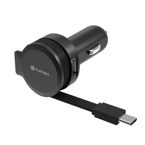 Incarcator auto Platinet PLCRRTC, cu port USB 2.4A si cablu tip C retractabil,negru