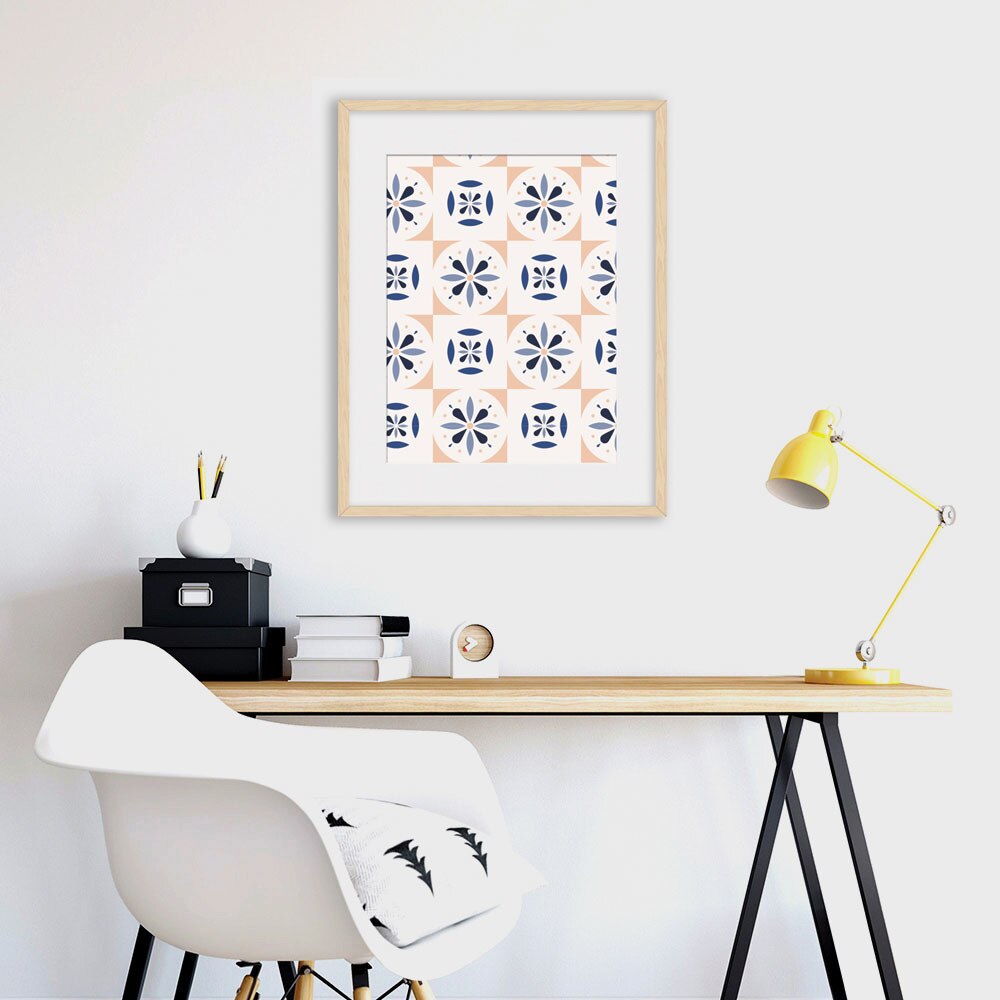 Tablou cu Rama de Lemn Natur Flori stilizate in forme geometrice Pattern Arta Inramata Art Prints Decoratiuni, 20 x 30 cm