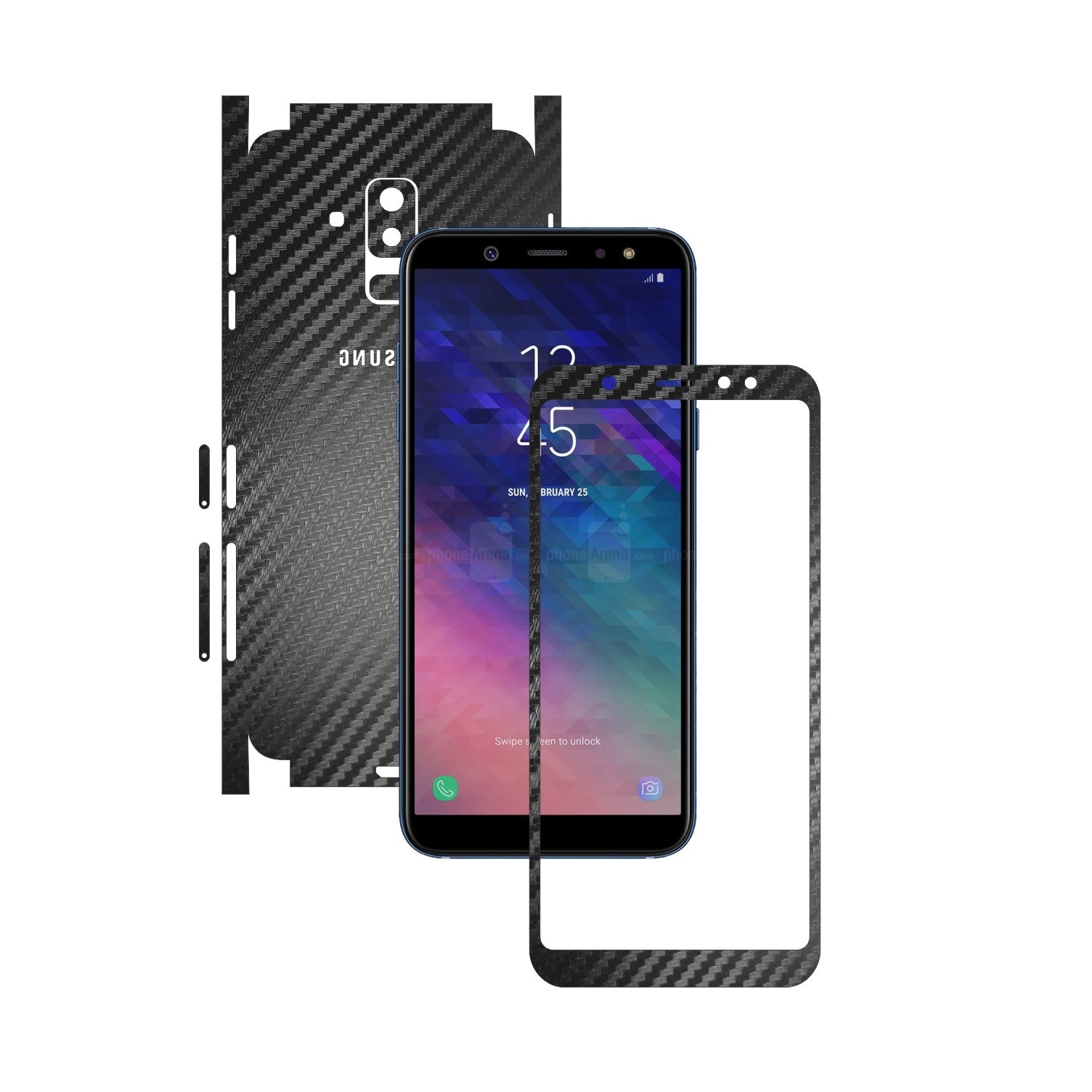 Folie Protectie Carbon Skinz pentru Samsung Galaxy A6+ Plus (2018) - Carbon Negru 360 Cut, Skin Adeziv Full Body Cover pentru Rama Ecran, Carcasa Spate si Laterale