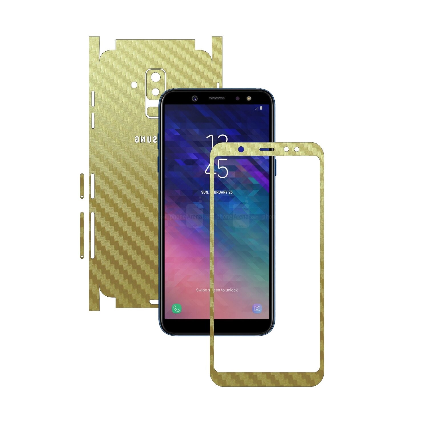 Folie Protectie Carbon Skinz pentru Samsung Galaxy A6+ Plus (2018) - Carbon Auriu 360 Cut, Skin Adeziv Full Body Cover pentru Rama Ecran, Carcasa Spate si Laterale