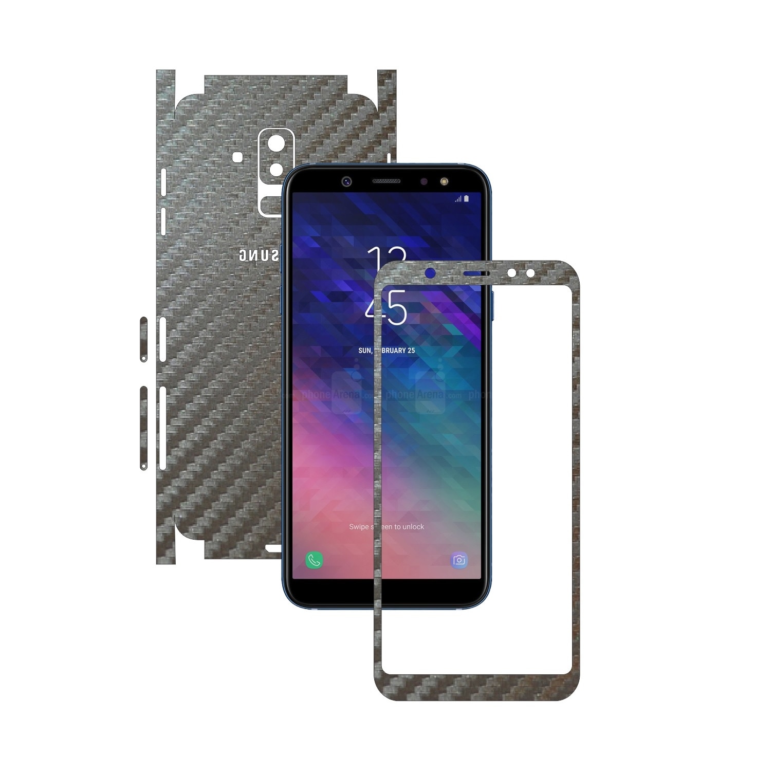 Folie Protectie Carbon Skinz pentru Samsung Galaxy A6+ Plus (2018) - Carbon Gri Argintiu 360 Cut, Skin Adeziv Full Body Cover pentru Rama Ecran, Carcasa Spate si Laterale