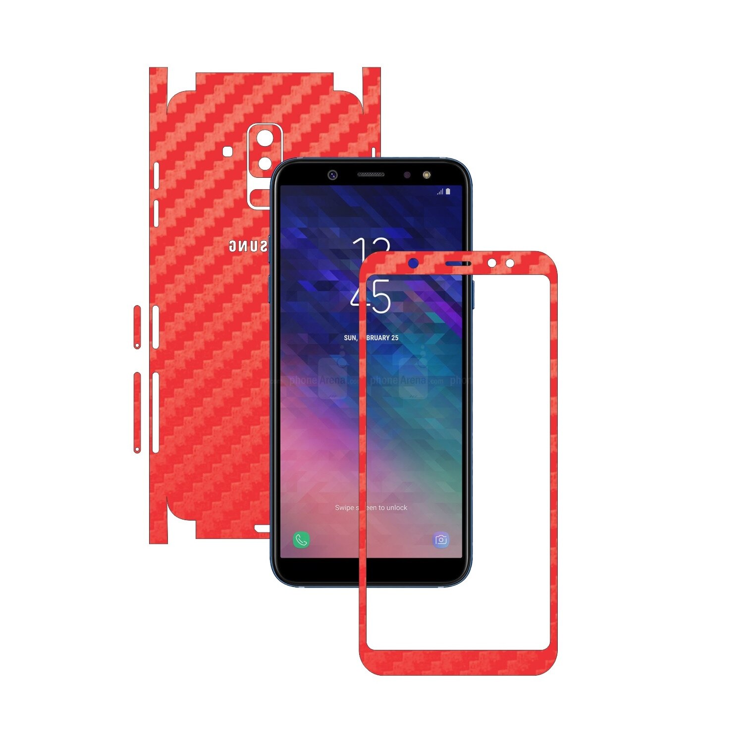 Folie Protectie Carbon Skinz pentru Samsung Galaxy A6+ Plus (2018) - Carbon Rosu 360 Cut, Skin Adeziv Full Body Cover pentru Rama Ecran, Carcasa Spate si Laterale