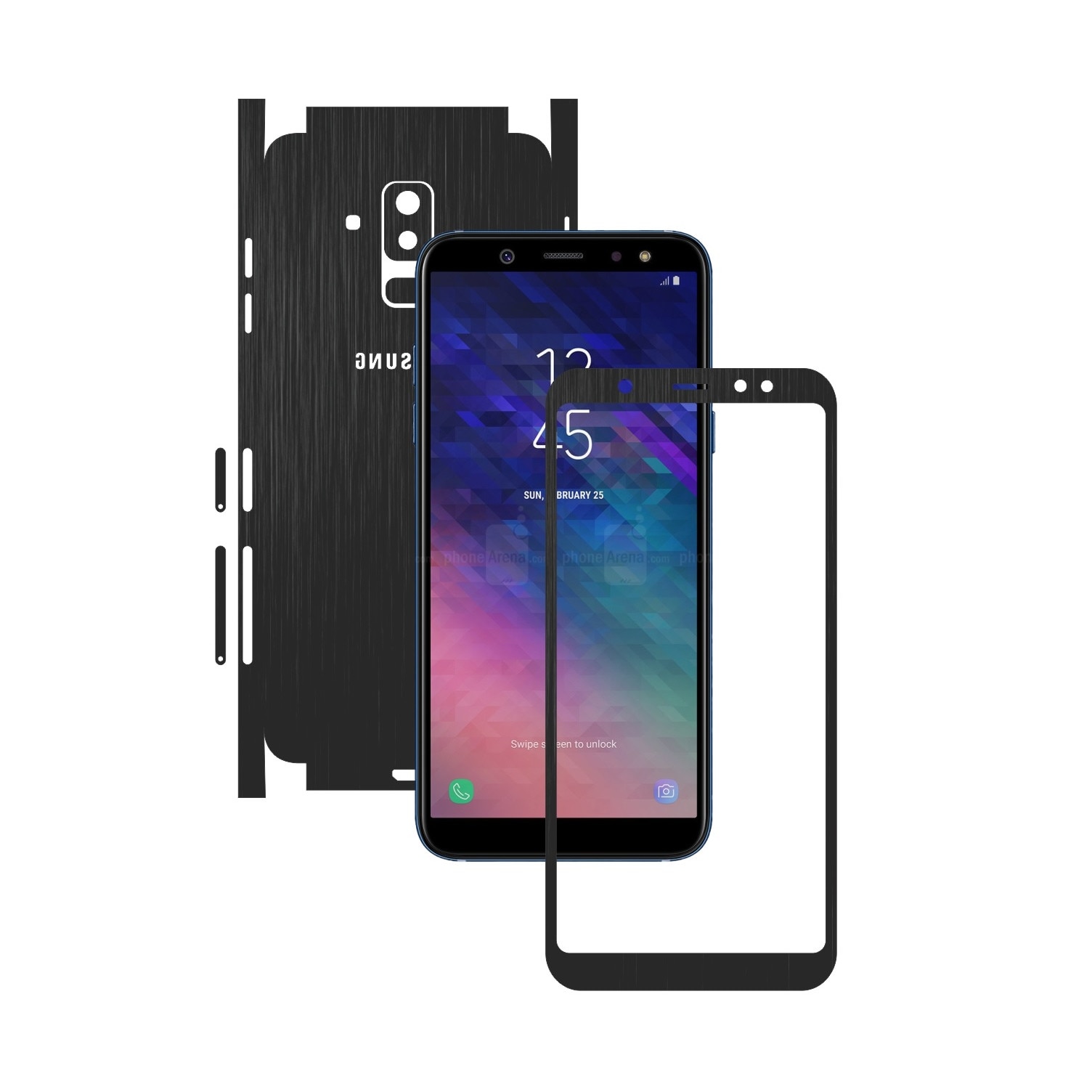 Folie Protectie Carbon Skinz pentru Samsung Galaxy A6+ Plus (2018) - Brushed Negru 360 Cut, Skin Adeziv Full Body Cover pentru Rama Ecran, Carcasa Spate si Laterale