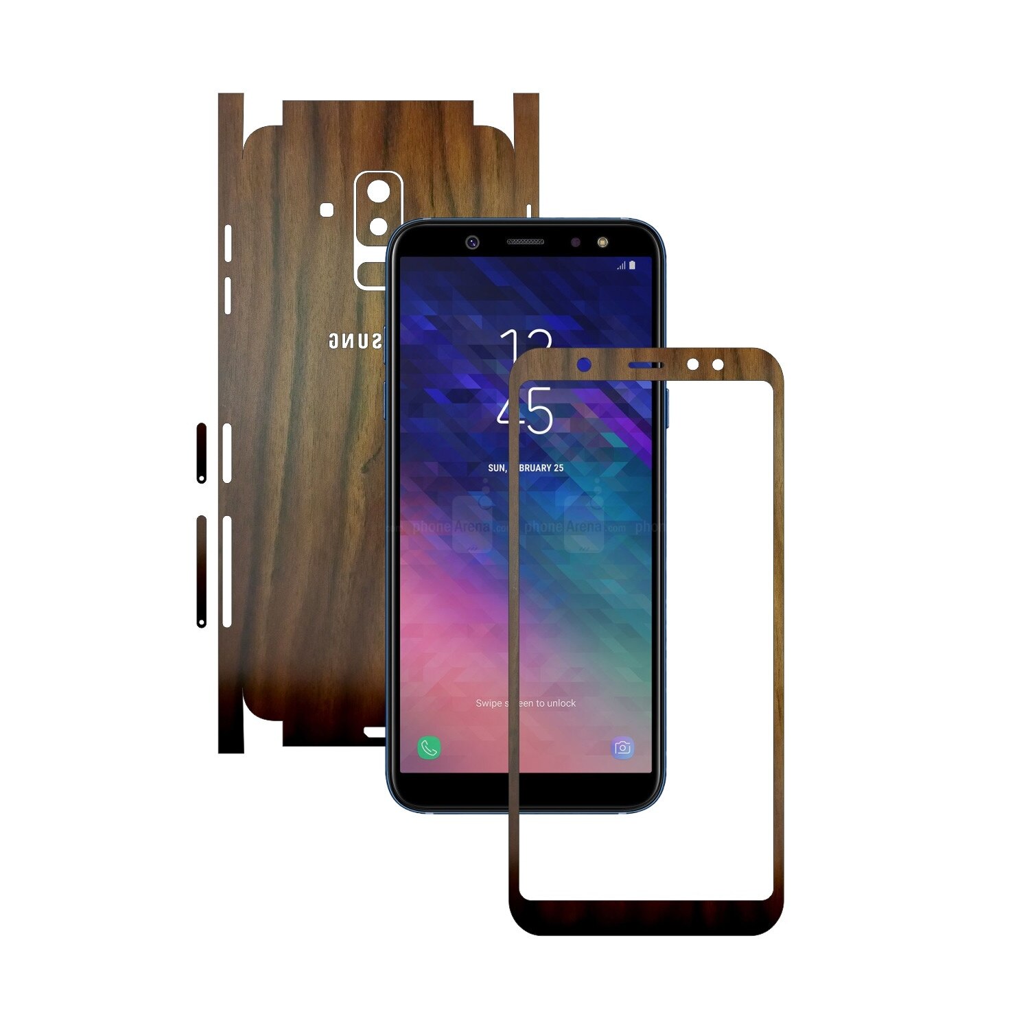 Folie Protectie Carbon Skinz pentru Samsung Galaxy A6+ Plus (2018) - Lemn Nuc 360 Cut, Skin Adeziv Full Body Cover pentru Rama Ecran, Carcasa Spate si Laterale