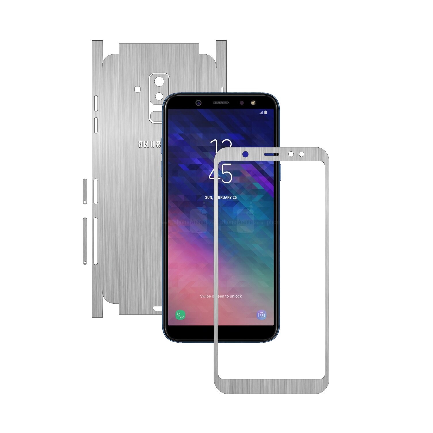 Folie Protectie Carbon Skinz pentru Samsung Galaxy A6+ Plus (2018) - Brushed Argintiu 360 Cut, Skin Adeziv Full Body Cover pentru Rama Ecran, Carcasa Spate si Laterale