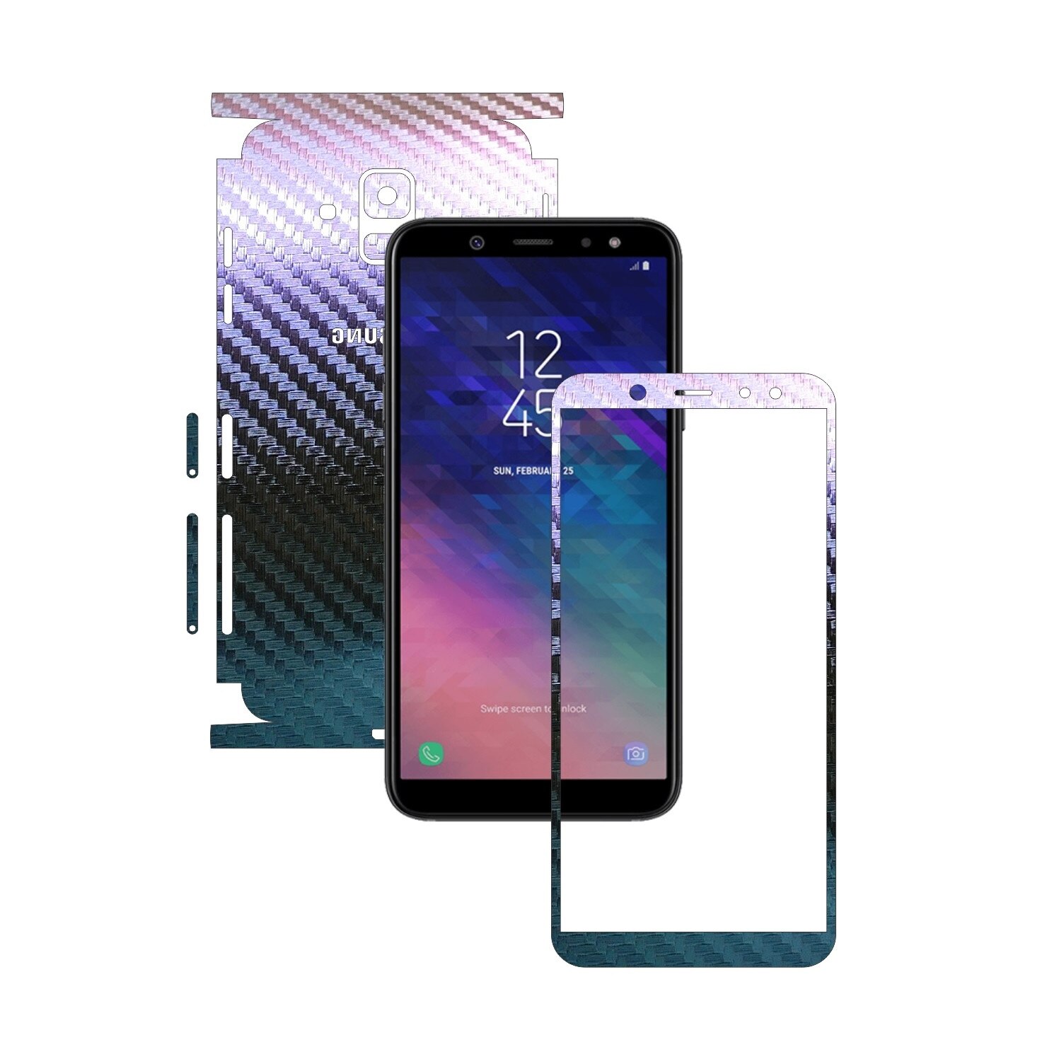 Folie Protectie Carbon Skinz pentru Samsung Galaxy A6 (2018) - Carbon Cameleon 360 Cut, Skin Adeziv Full Body Cover pentru Rama Ecran, Carcasa Spate si Laterale