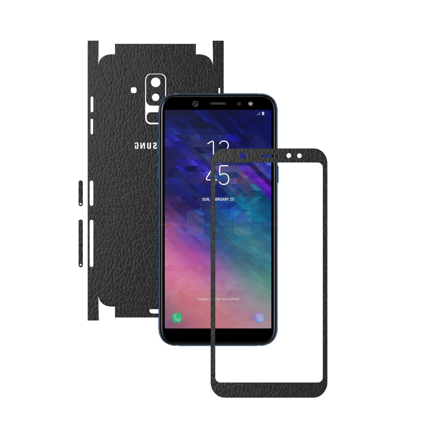 Folie Protectie Carbon Skinz pentru Samsung Galaxy A6+ Plus (2018) - Piele Neagra 360 Cut, Skin Adeziv Full Body Cover pentru Rama Ecran, Carcasa Spate si Laterale