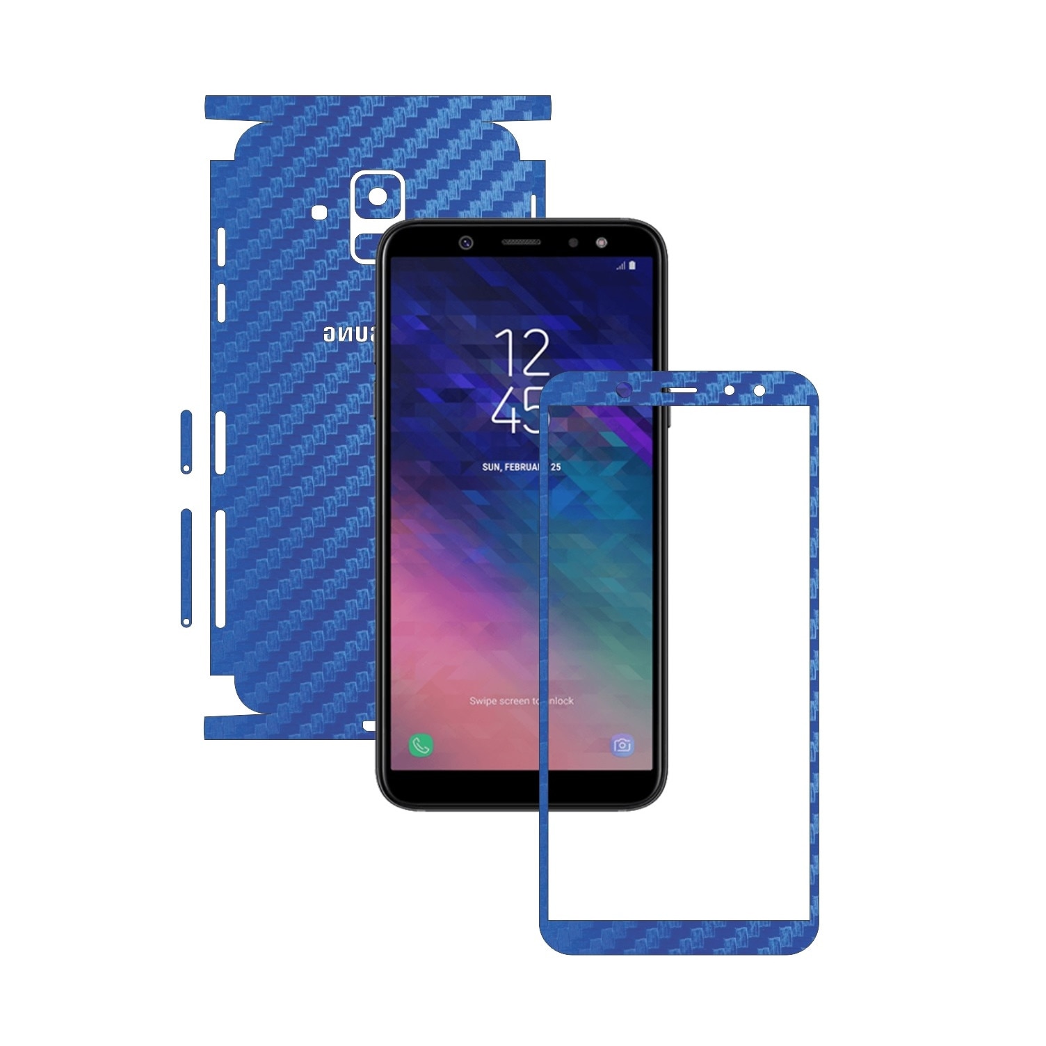 Folie Protectie Carbon Skinz pentru Samsung Galaxy A6 (2018) - Carbon Albastru 360 Cut, Skin Adeziv Full Body Cover pentru Rama Ecran, Carcasa Spate si Laterale