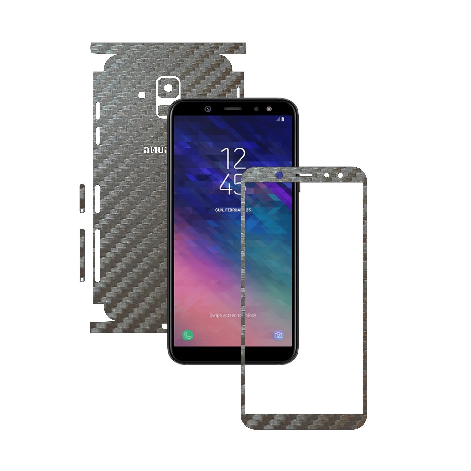 Folie Protectie Carbon Skinz pentru Samsung Galaxy A6 (2018) - Carbon Gri Argintiu 360 Cut, Skin Adeziv Full Body Cover pentru Rama Ecran, Carcasa Spate si Laterale