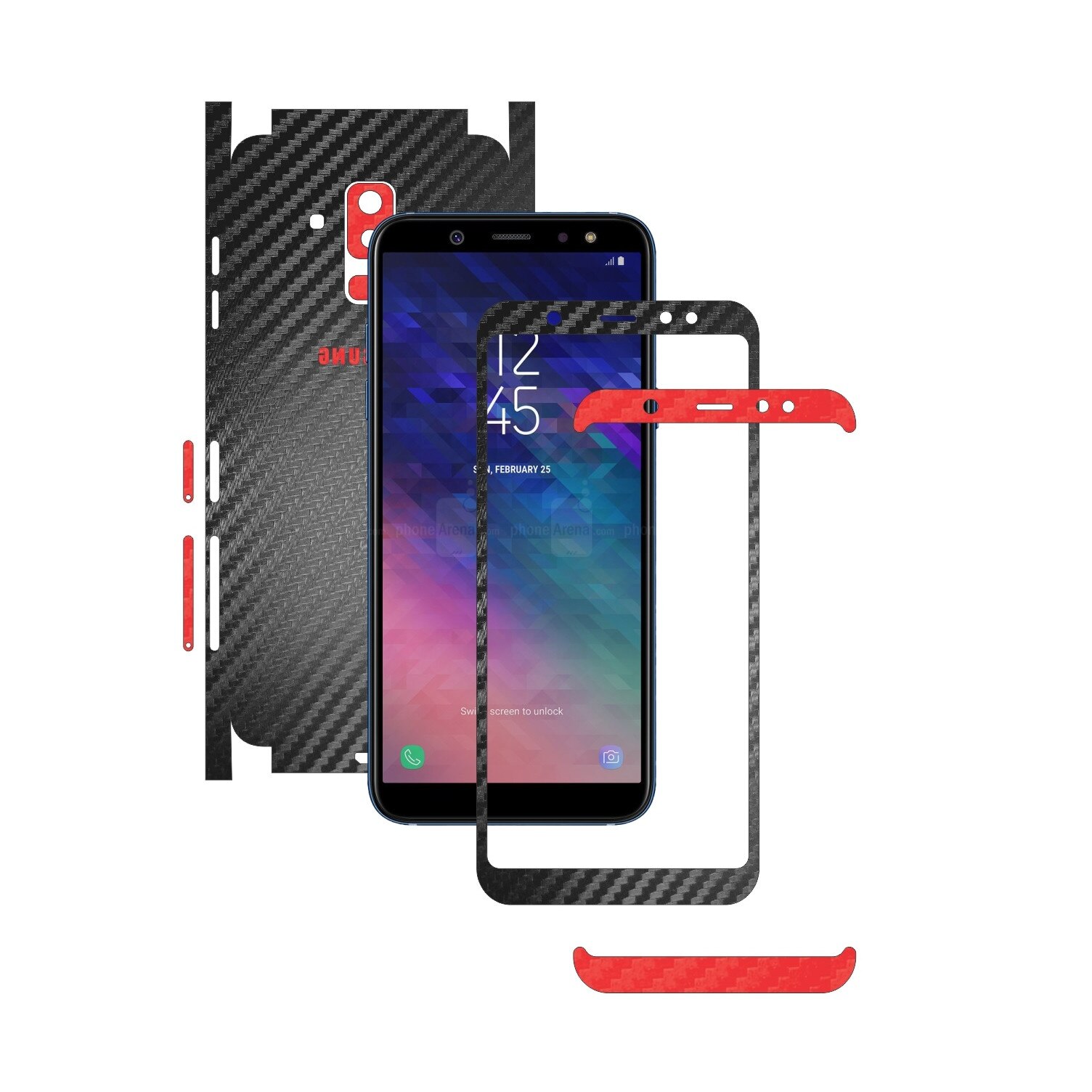 Folie Protectie Carbon Skinz pentru Samsung Galaxy A6+ Plus (2018) - Carbon Two Tone Negru / Rosu, Skin Adeziv Full Body Cover pentru Rama Ecran, Carcasa Spate si Laterale