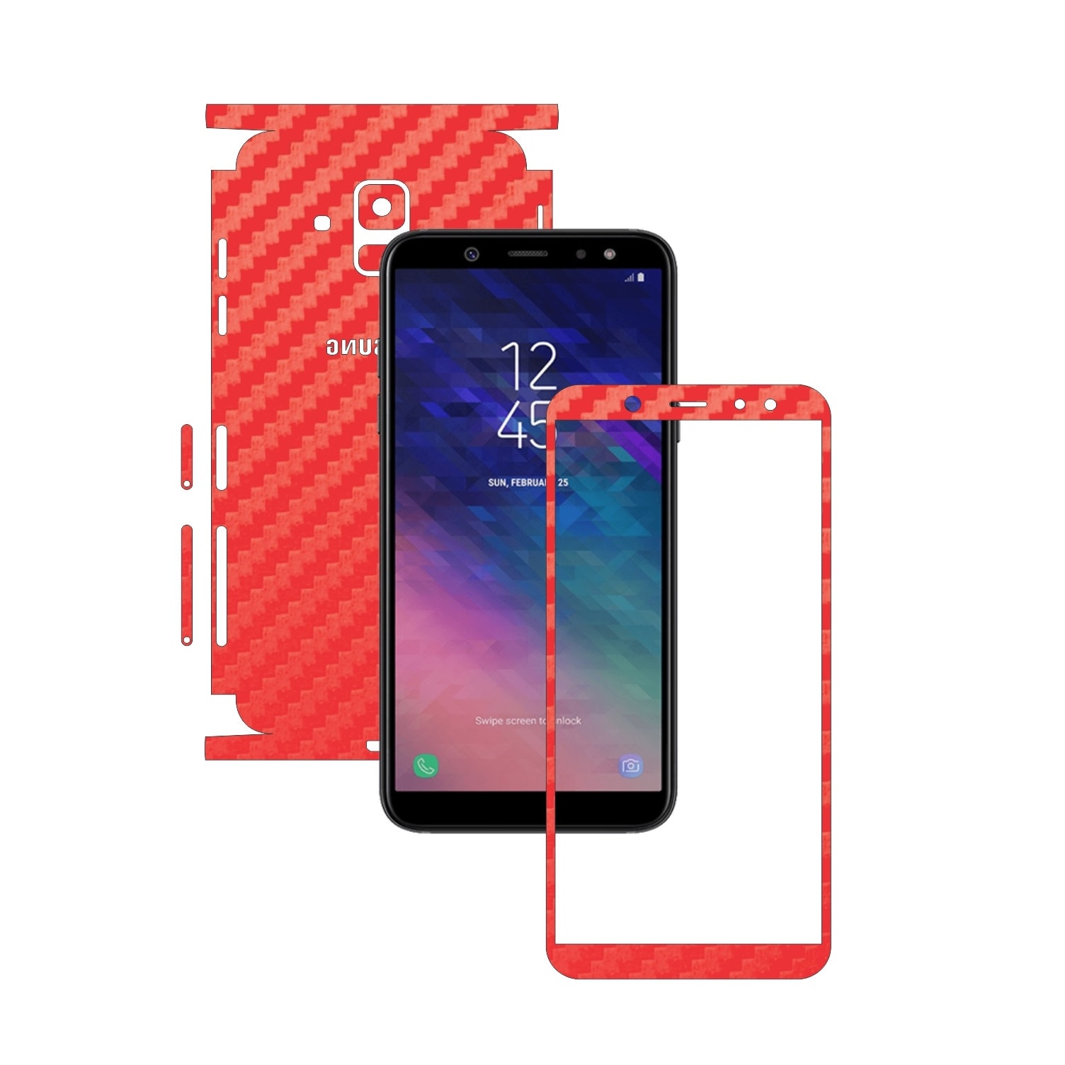 Folie Protectie Carbon Skinz pentru Samsung Galaxy A6 (2018) - Carbon Rosu 360 Cut, Skin Adeziv Full Body Cover pentru Rama Ecran, Carcasa Spate si Laterale