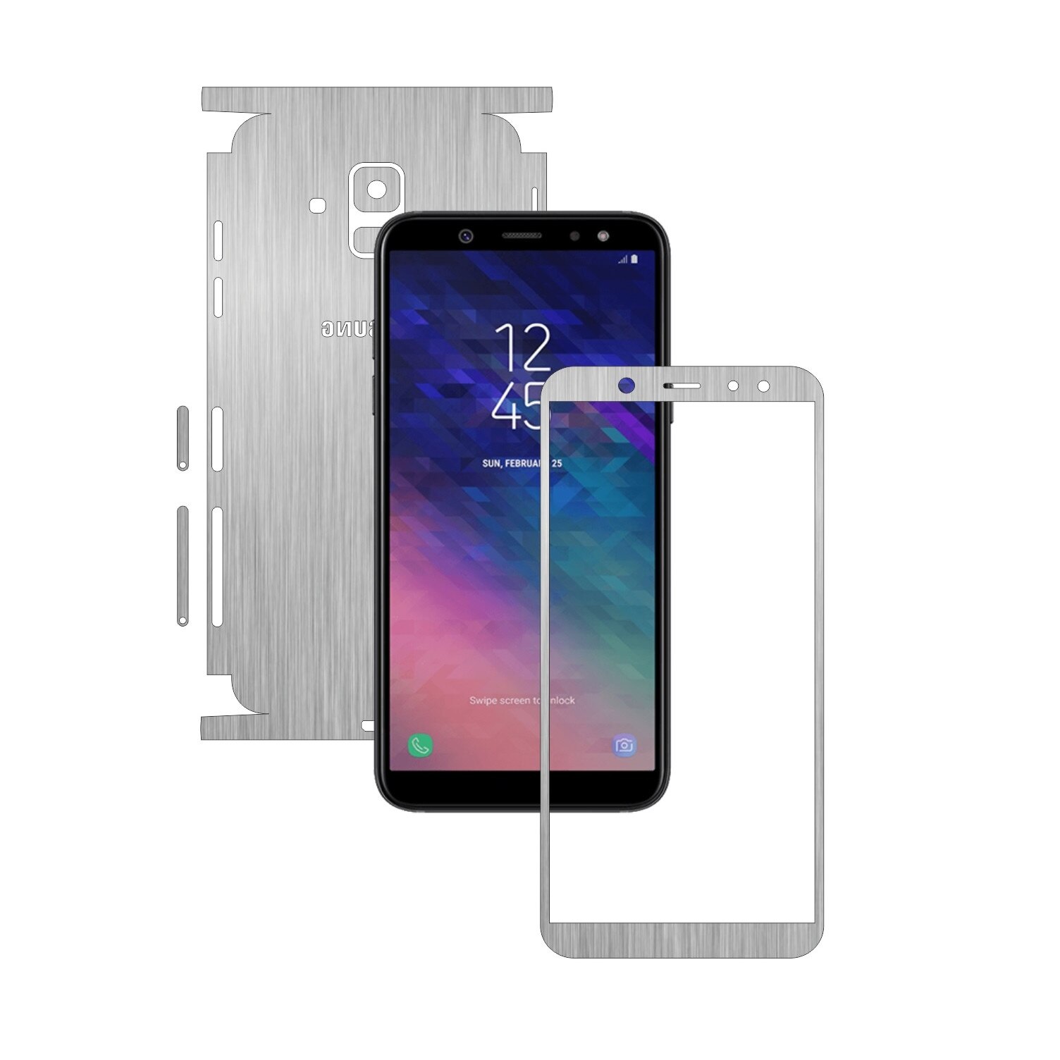 Folie Protectie Carbon Skinz pentru Samsung Galaxy A6 (2018) - Brushed Argintiu 360 Cut, Skin Adeziv Full Body Cover pentru Rama Ecran, Carcasa Spate si Laterale