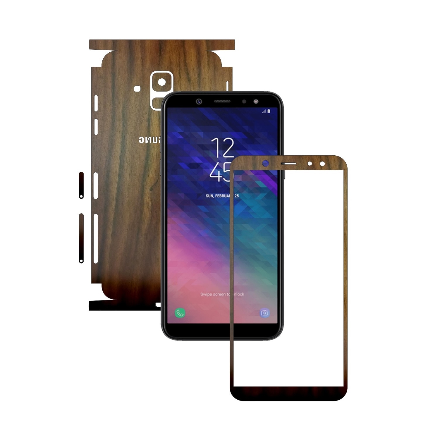 Folie Protectie Carbon Skinz pentru Samsung Galaxy A6 (2018) - Lemn Nuc 360 Cut, Skin Adeziv Full Body Cover pentru Rama Ecran, Carcasa Spate si Laterale