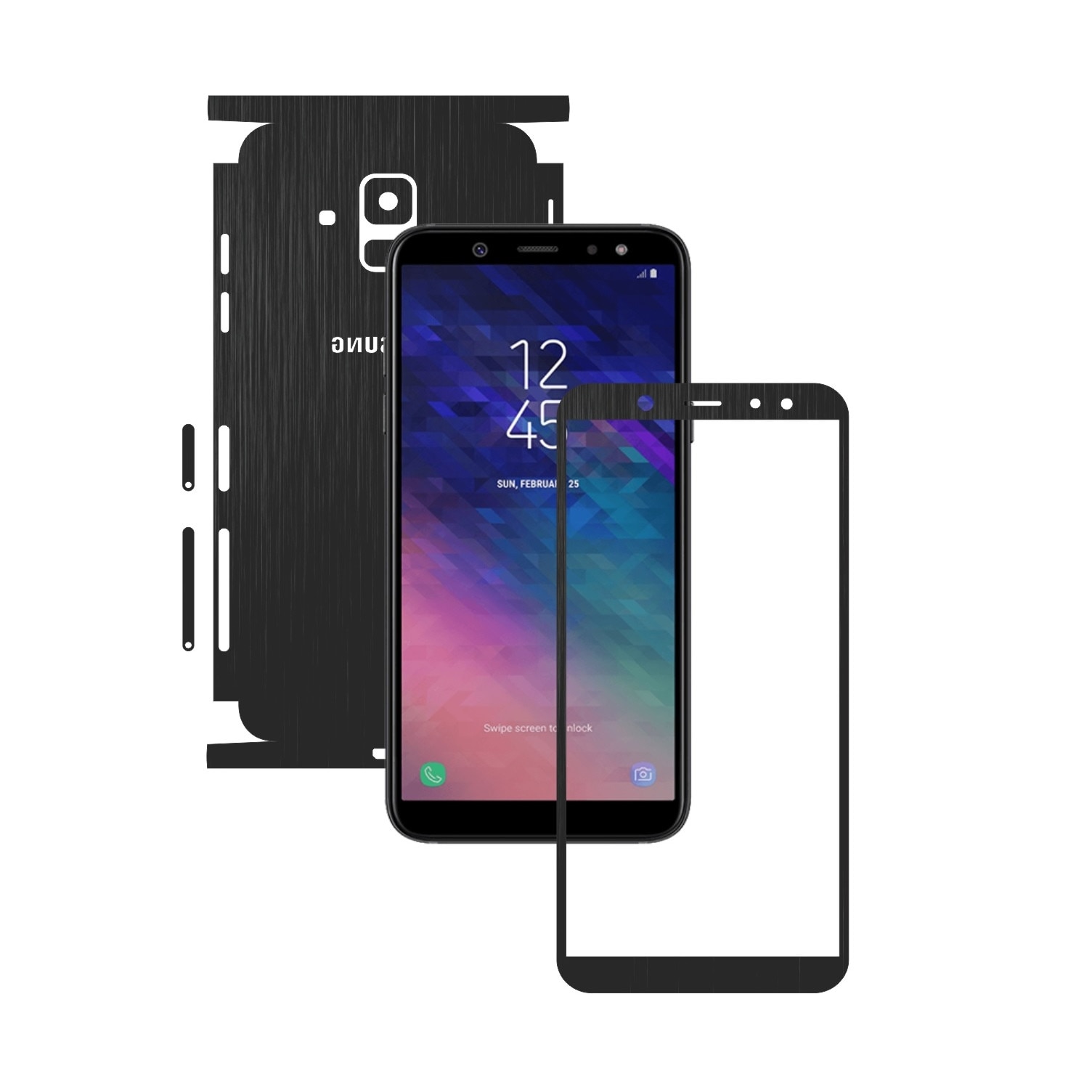 Folie Protectie Carbon Skinz pentru Samsung Galaxy A6 (2018) - Brushed Negru 360 Cut, Skin Adeziv Full Body Cover pentru Rama Ecran, Carcasa Spate si Laterale