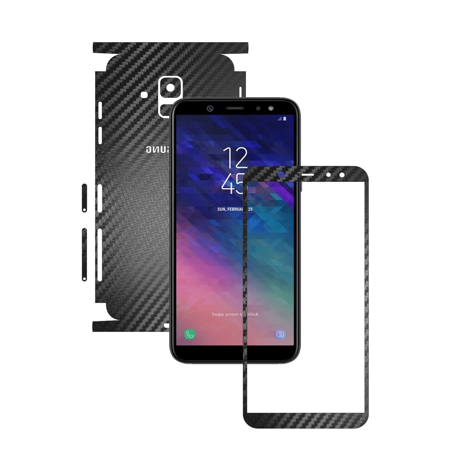 Folie Protectie Carbon Skinz pentru Samsung Galaxy A6 (2018) - Carbon Negru 360 Cut, Skin Adeziv Full Body Cover pentru Rama Ecran, Carcasa Spate si Laterale