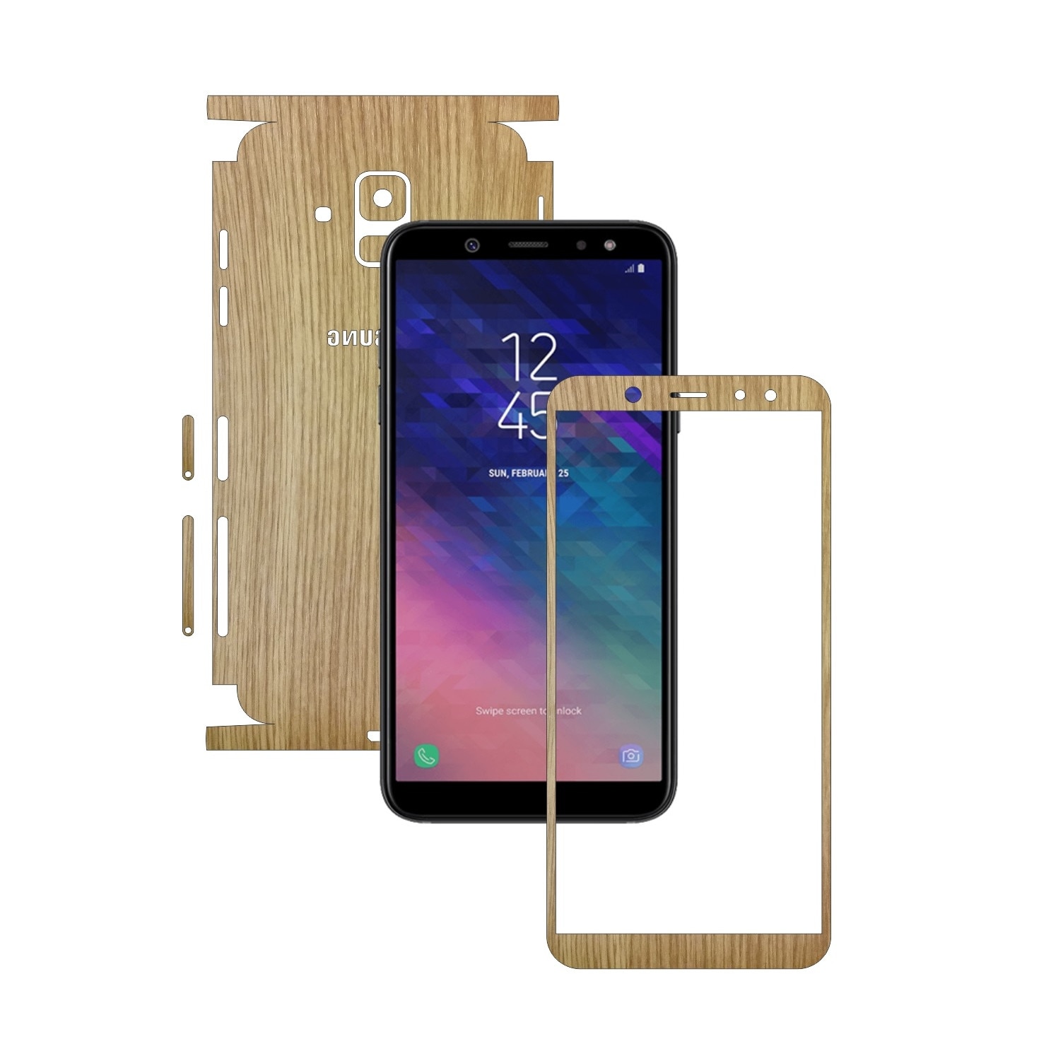 Folie Protectie Carbon Skinz pentru Samsung Galaxy A6 (2018) - Lemn Stejar 360 Cut, Skin Adeziv Full Body Cover pentru Rama Ecran, Carcasa Spate si Laterale