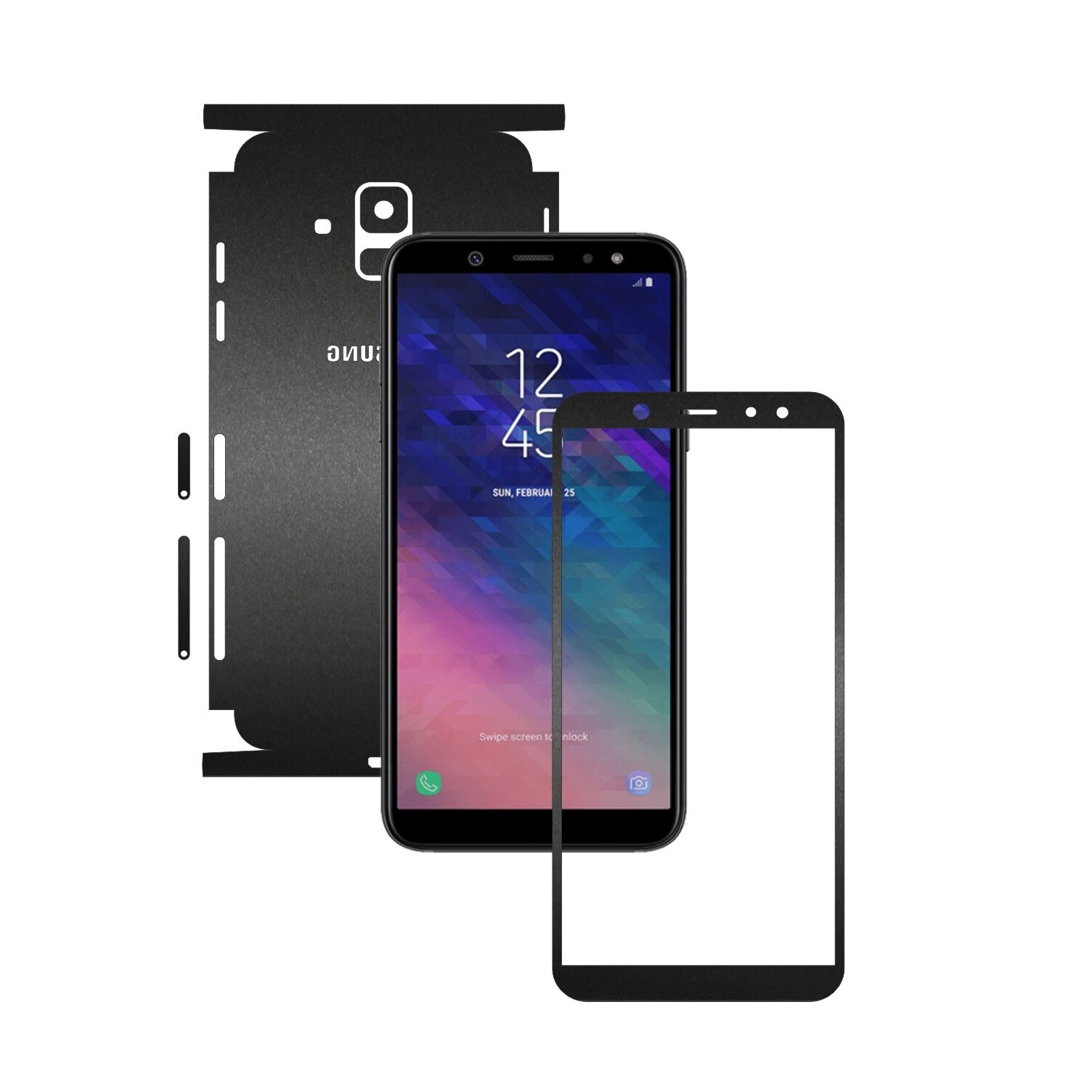 Folie Protectie Carbon Skinz pentru Samsung Galaxy A6 (2018) - Negru Mat 360 Cut, Skin Adeziv Full Body Cover pentru Rama Ecran, Carcasa Spate si Laterale
