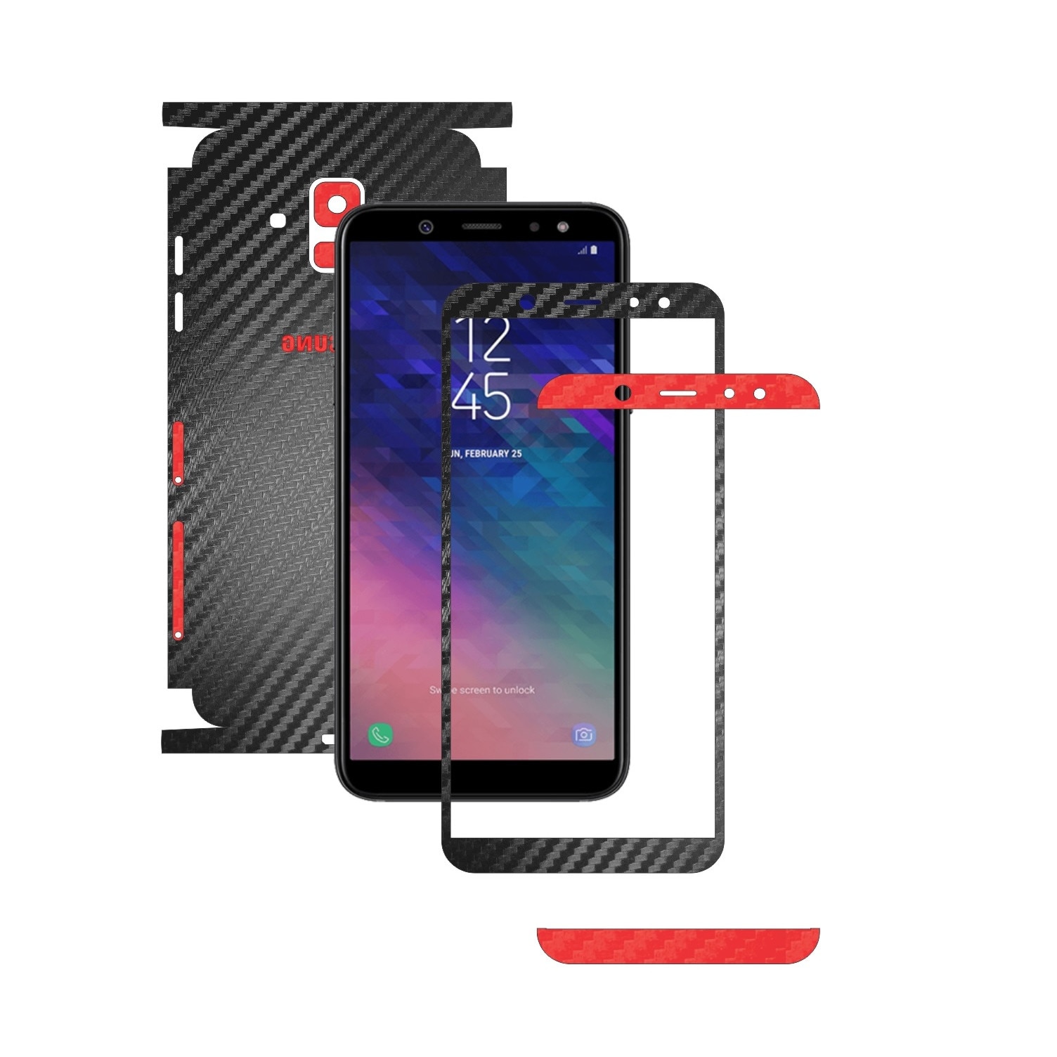 Folie Protectie Carbon Skinz pentru Samsung Galaxy A6 (2018) - Carbon Two Tone Negru / Rosu, Skin Adeziv Full Body Cover pentru Rama Ecran, Carcasa Spate si Laterale