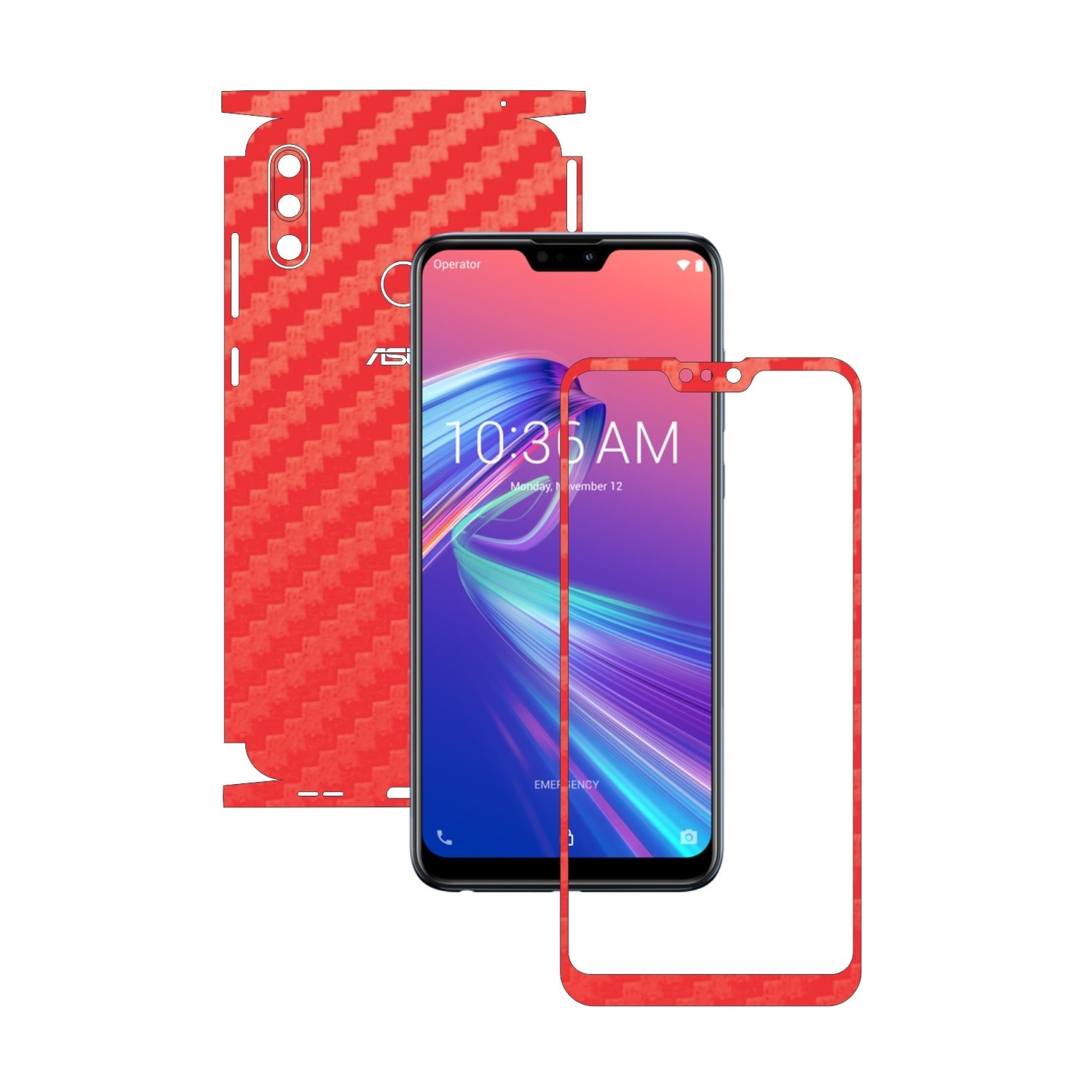 Folie Protectie Carbon Skinz pentru Asus Zenfone Max Pro (M2) - Carbon Rosu 360 Cut, Skin Adeziv Full Body Cover pentru Rama Ecran, Carcasa Spate si Laterale