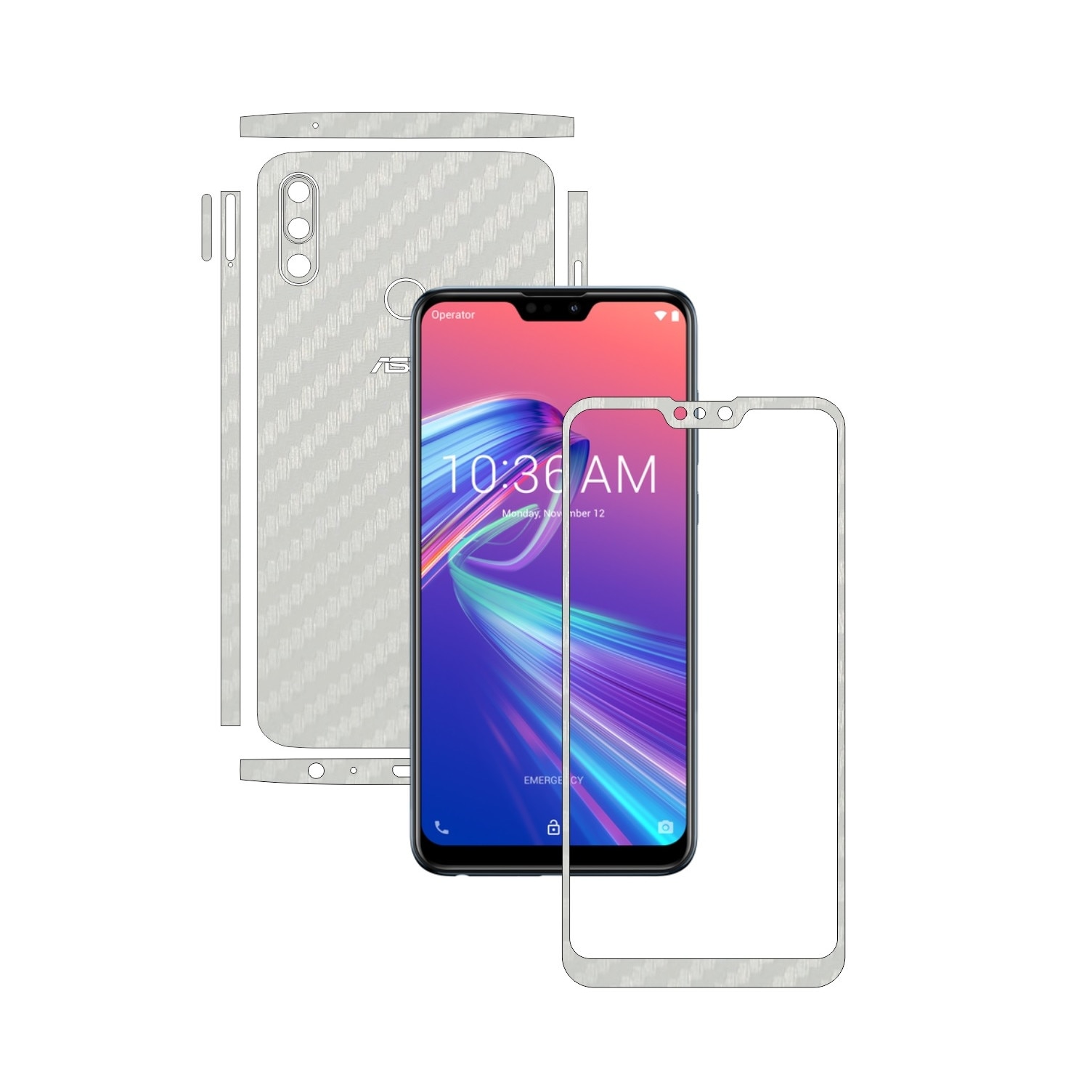 Folie Protectie Carbon Skinz pentru Asus Zenfone Max Pro (M2) - Carbon Alb Split Cut, Skin Adeziv Full Body Cover pentru Rama Ecran, Carcasa Spate si Laterale