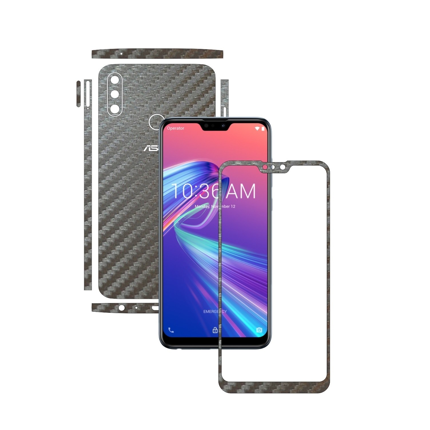 Folie Protectie Carbon Skinz pentru Asus Zenfone Max Pro (M2) - Carbon Gri Argintiu Split Cut, Skin Adeziv Full Body Cover pentru Rama Ecran, Carcasa Spate si Laterale