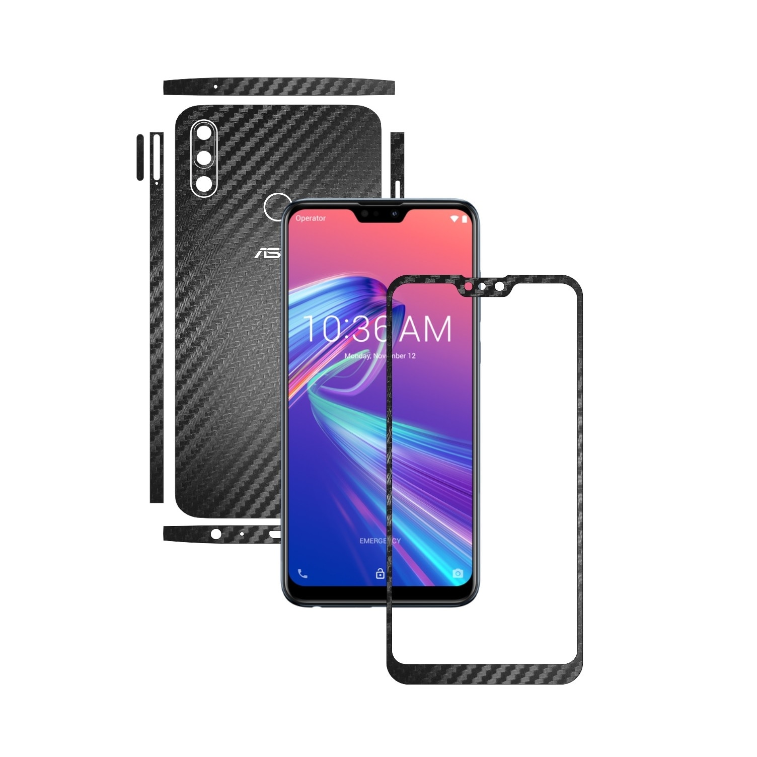 Folie Protectie Carbon Skinz pentru Asus Zenfone Max Pro (M2) - Carbon Negru Split Cut, Skin Adeziv Full Body Cover pentru Rama Ecran, Carcasa Spate si Laterale