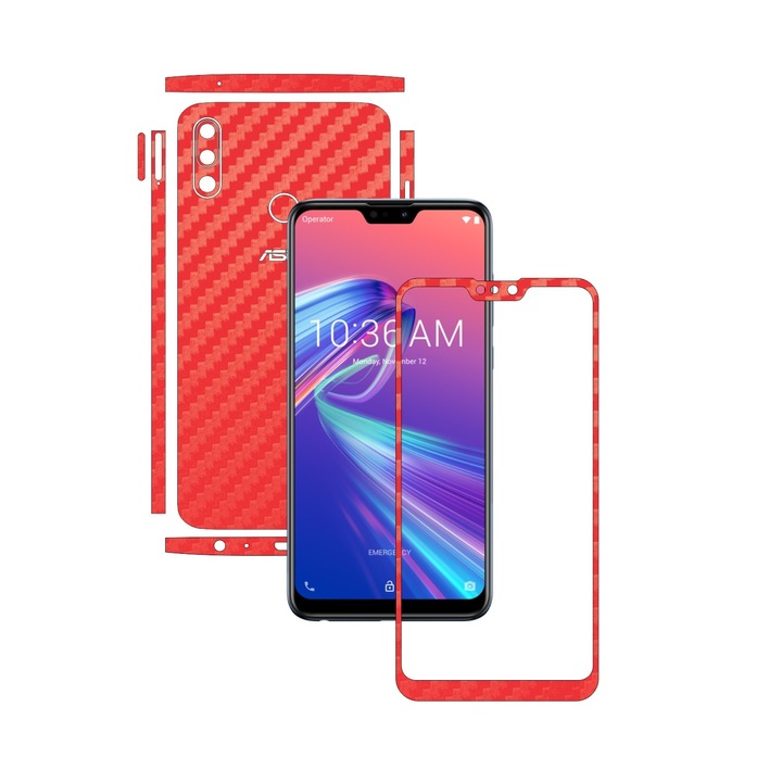 Защитно фолио Carbon Skinz за Asus Zenfone Max Pro (M2) - Carbon Red Split Cut, Full Body Cover Adhesive Skin за рамка на екрана, заден и страничен капак