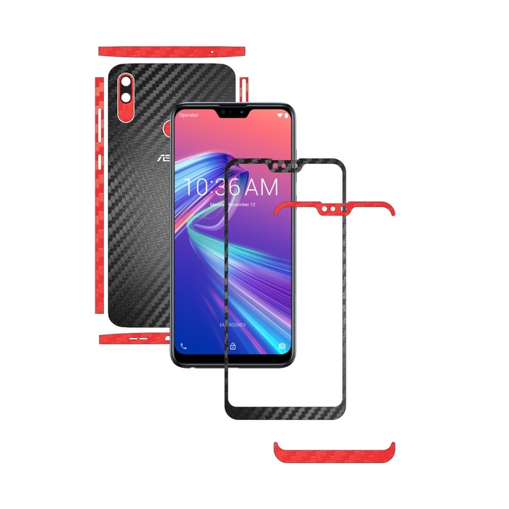 Защитно фолио Carbon Skinz за Asus Zenfone Max Pro (M2) - въглеродно двуцветно черно/червено, залепващо покритие за цялото тяло за рамка на екрана, заден и страничен капак