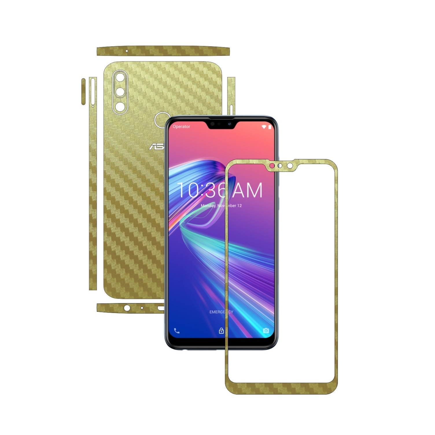 Folie Protectie Carbon Skinz pentru Asus Zenfone Max Pro (M2) - Carbon Auriu Split Cut, Skin Adeziv Full Body Cover pentru Rama Ecran, Carcasa Spate si Laterale