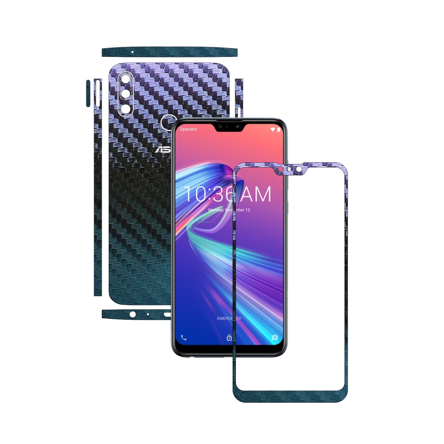 Folie Protectie Carbon Skinz pentru Asus Zenfone Max Pro (M2) - Carbon Cameleon Split Cut, Skin Adeziv Full Body Cover pentru Rama Ecran, Carcasa Spate si Laterale