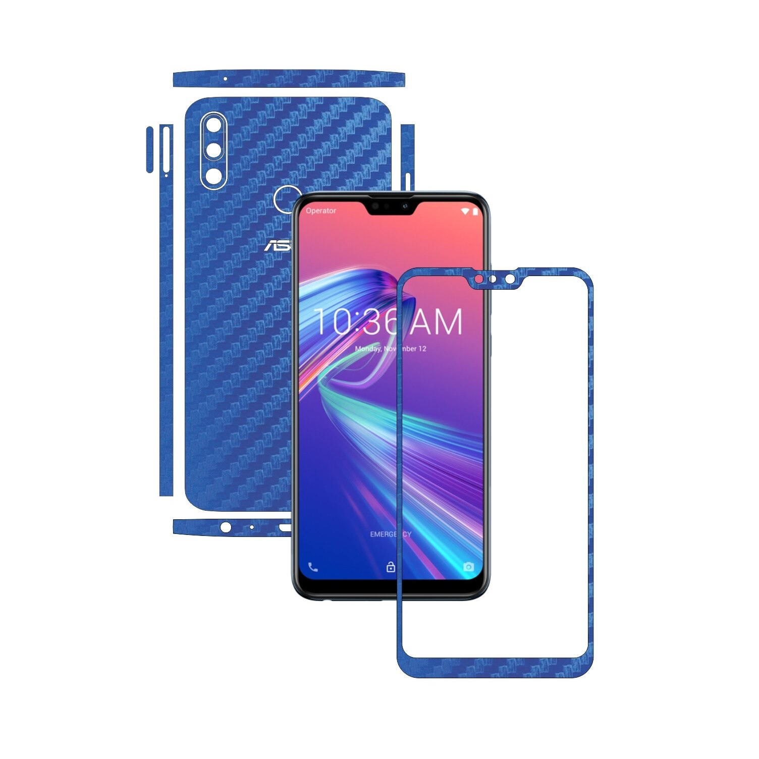 Folie Protectie Carbon Skinz pentru Asus Zenfone Max Pro (M2) - Carbon Albastru Split Cut, Skin Adeziv Full Body Cover pentru Rama Ecran, Carcasa Spate si Laterale