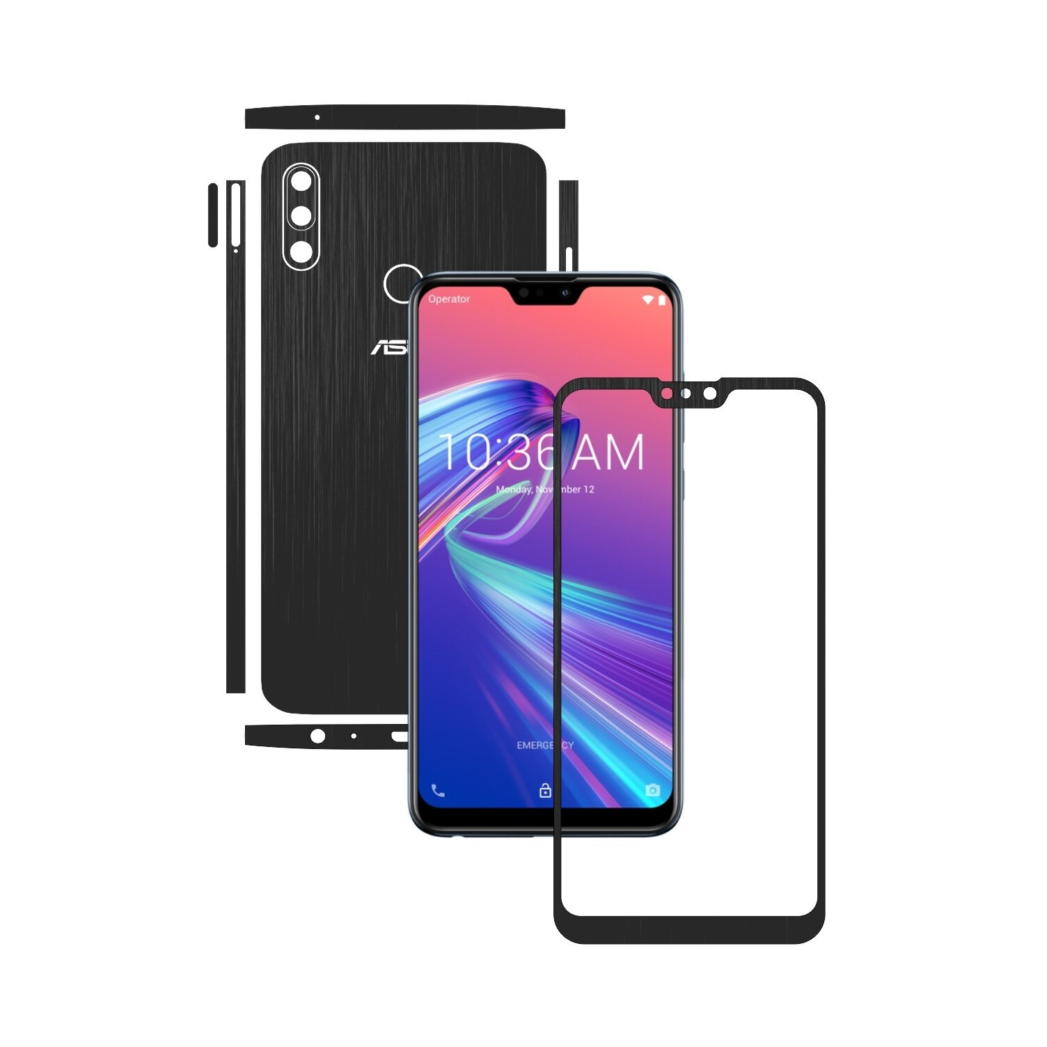 Folie Protectie Carbon Skinz pentru Asus Zenfone Max Pro (M2) - Brushed Negru Split Cut, Skin Adeziv Full Body Cover pentru Rama Ecran, Carcasa Spate si Laterale